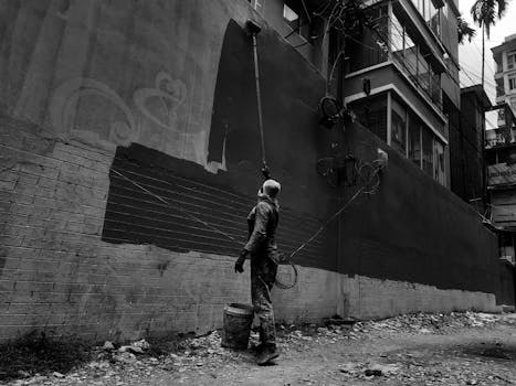 A solitary painter working on a building facade in a narrow street of Chittagong, Bangladesh.